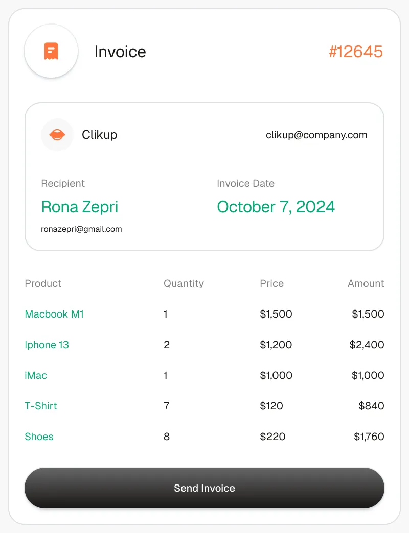 Invoice with product line items, prices and a Send invoice button