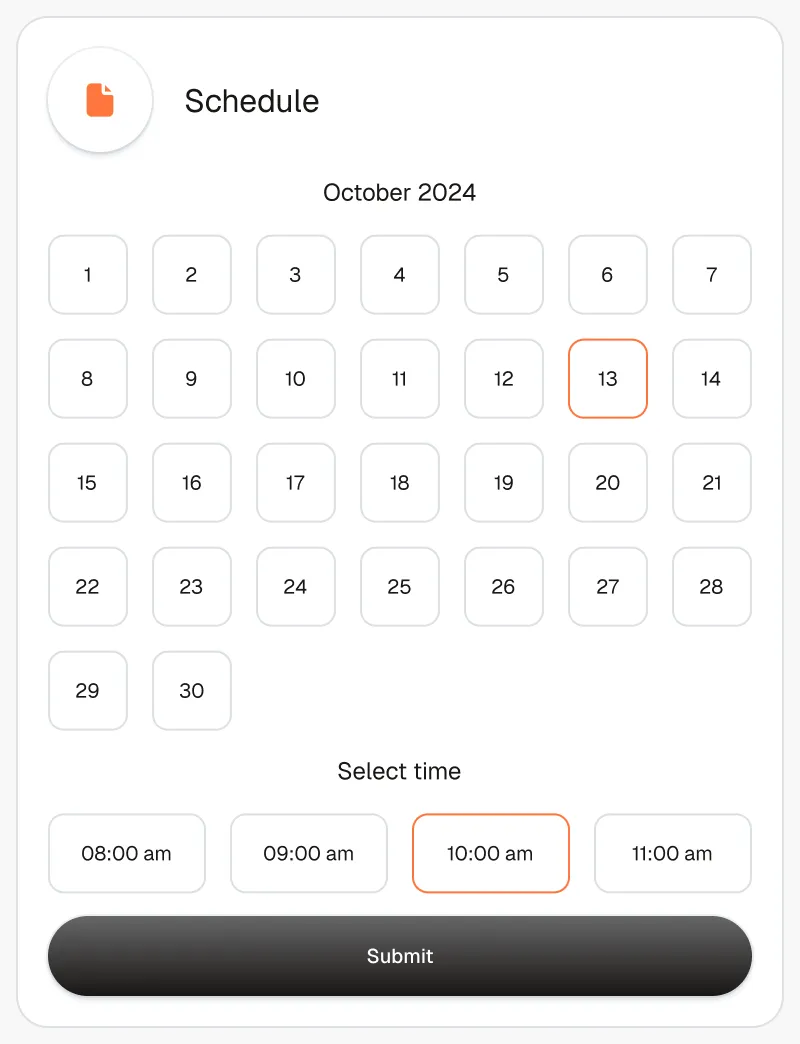 Scheduling panel with a monthly calendar and a list of available times