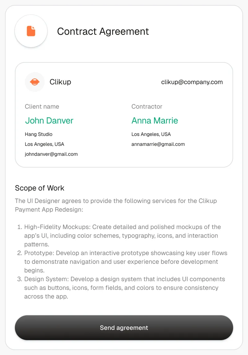 Contract agreement listing client, contractor and scope of work, with a Send agreement button