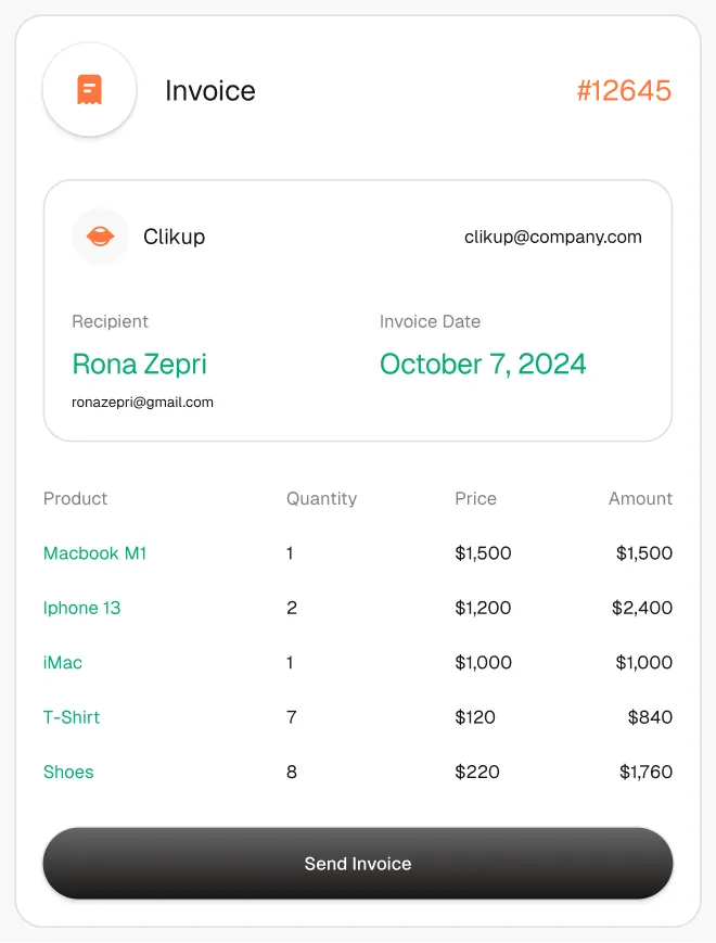 Invoice with product line items, prices and a Send invoice button