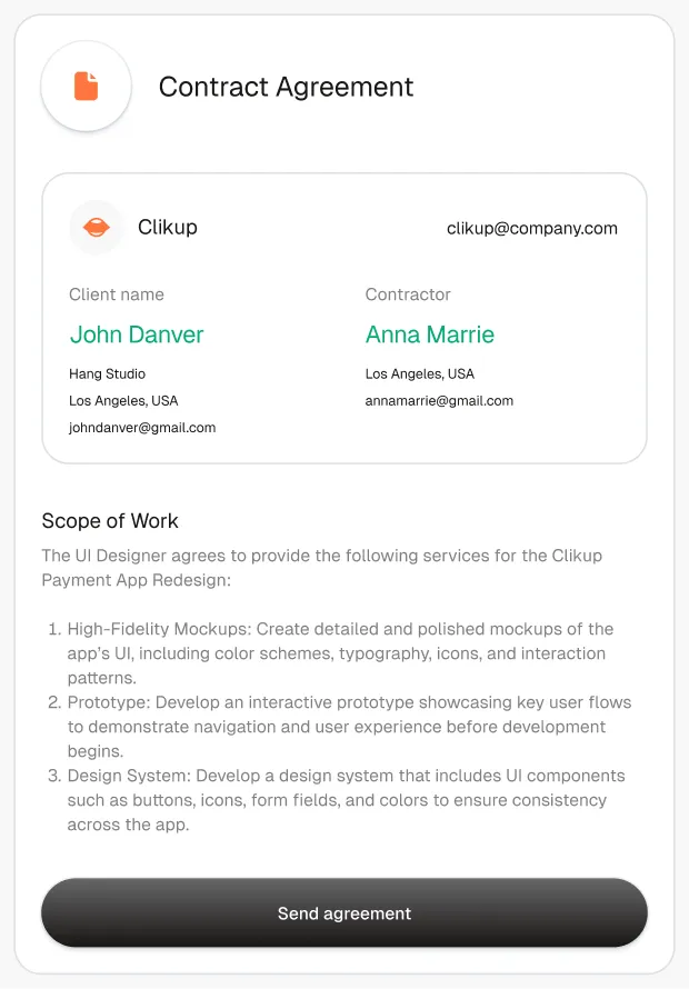 Contract agreement listing client, contractor and scope of work, with a Send agreement button